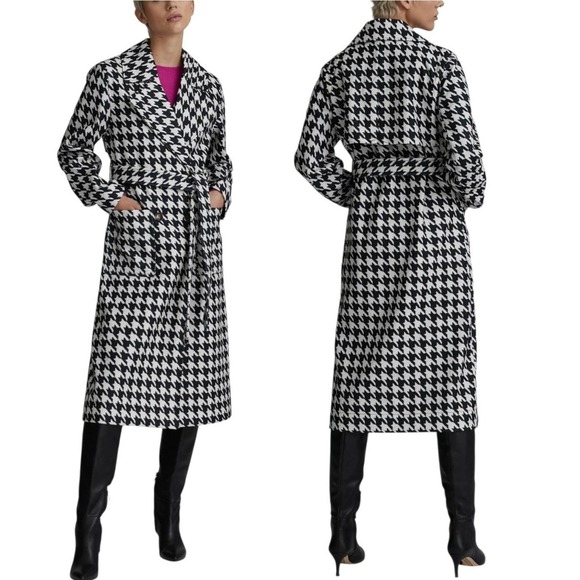 NVLT NWT Houndstooth Double Breasted Belted Trench Coat Black White Women Large